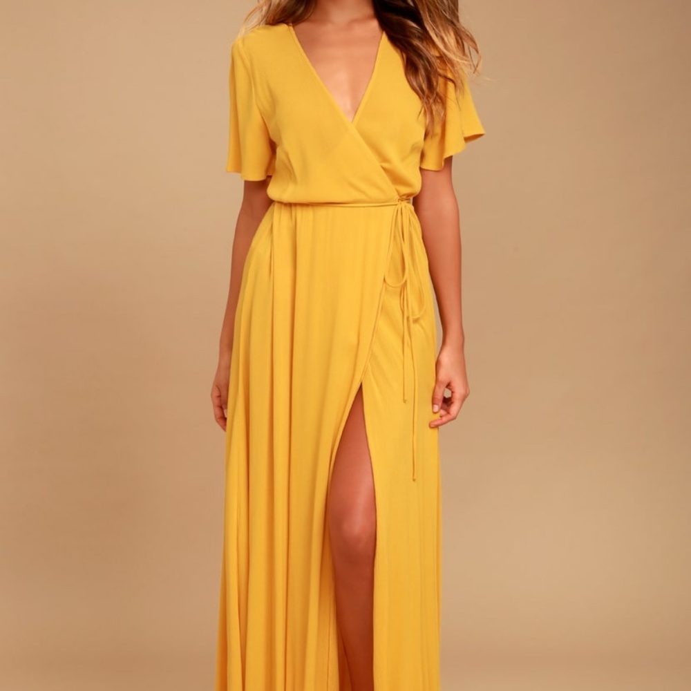 Lulus Much Obliged Golden Yellow Wrap Maxi Dress